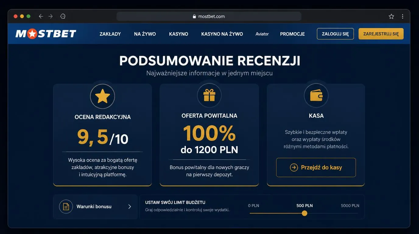 Panel oceny kasyna online z wynikiem 9,5/10, ofertą powitalną i przyciskiem przejścia do kasy