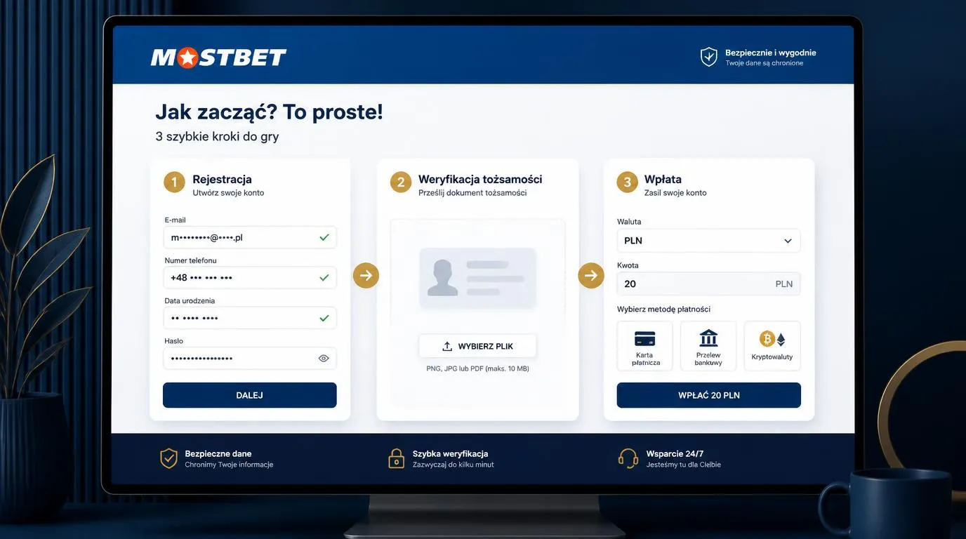 Panel konta kasyna online z etapami rejestracji, weryfikacji tożsamości i wpłaty w PLN