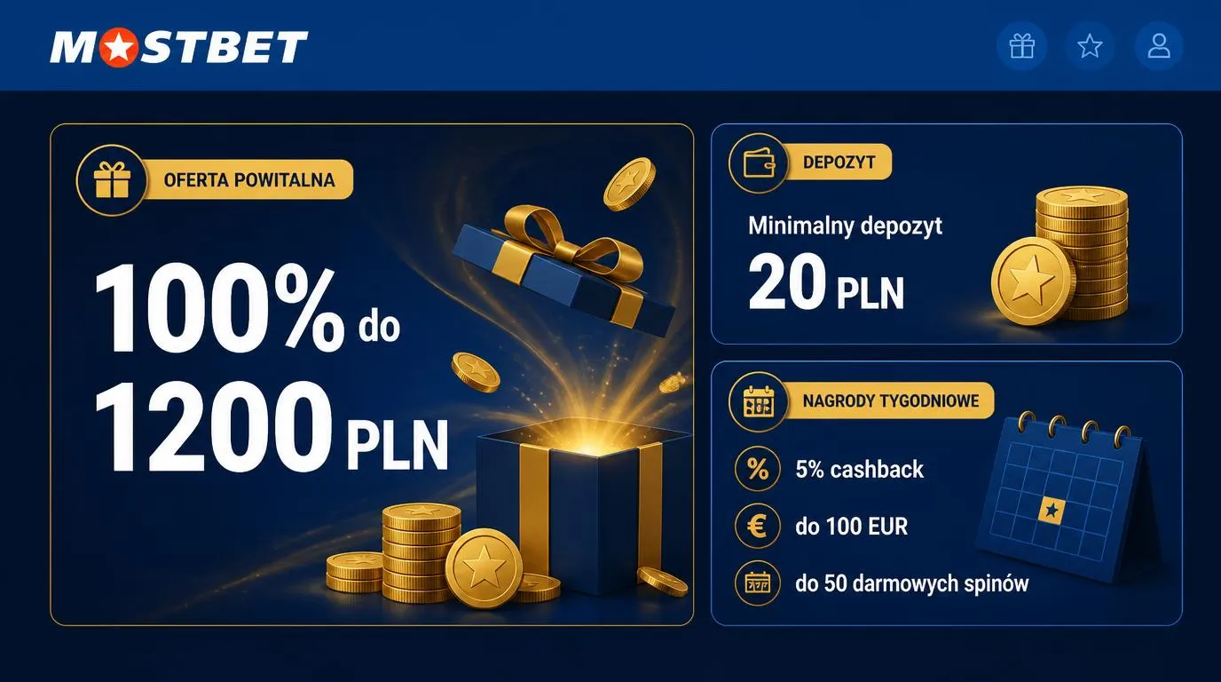 Panel promocji kasyna online z bonusem 100% do 1200 PLN, depozytem 20 PLN i nagrodami tygodniowymi