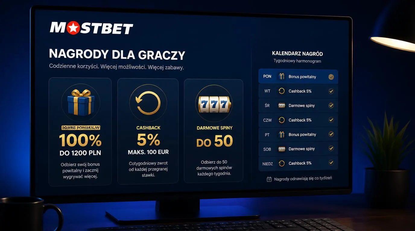 Panel nagród kasyna online z bonusem 100% do 1200 PLN, cashbackiem 5% i pulą do 50 darmowych spinów