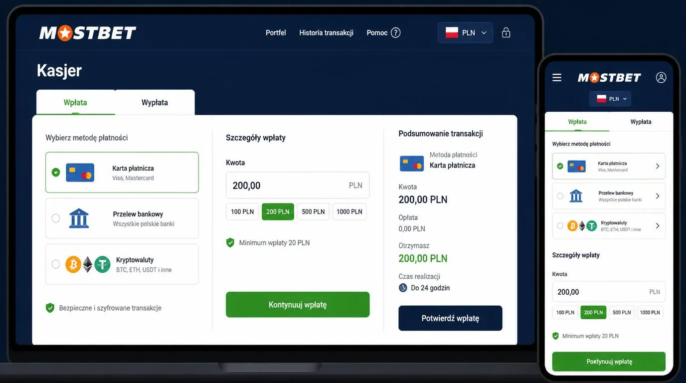 Panel kasy kasyna online z walutą PLN, kartami, przelewem i kryptowalutami oraz limitami wpłat i wypłat